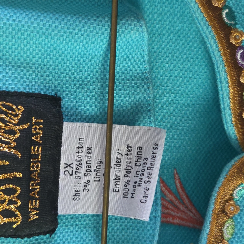 Bob Mackie Turquoise Jacket with Orange Embroidery Elephants - Picture 3 of 5